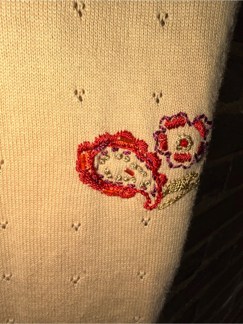 NAPA VALLEY Beige Knit Sweater Top Red Trim and Floral Embroidery Stitched Women